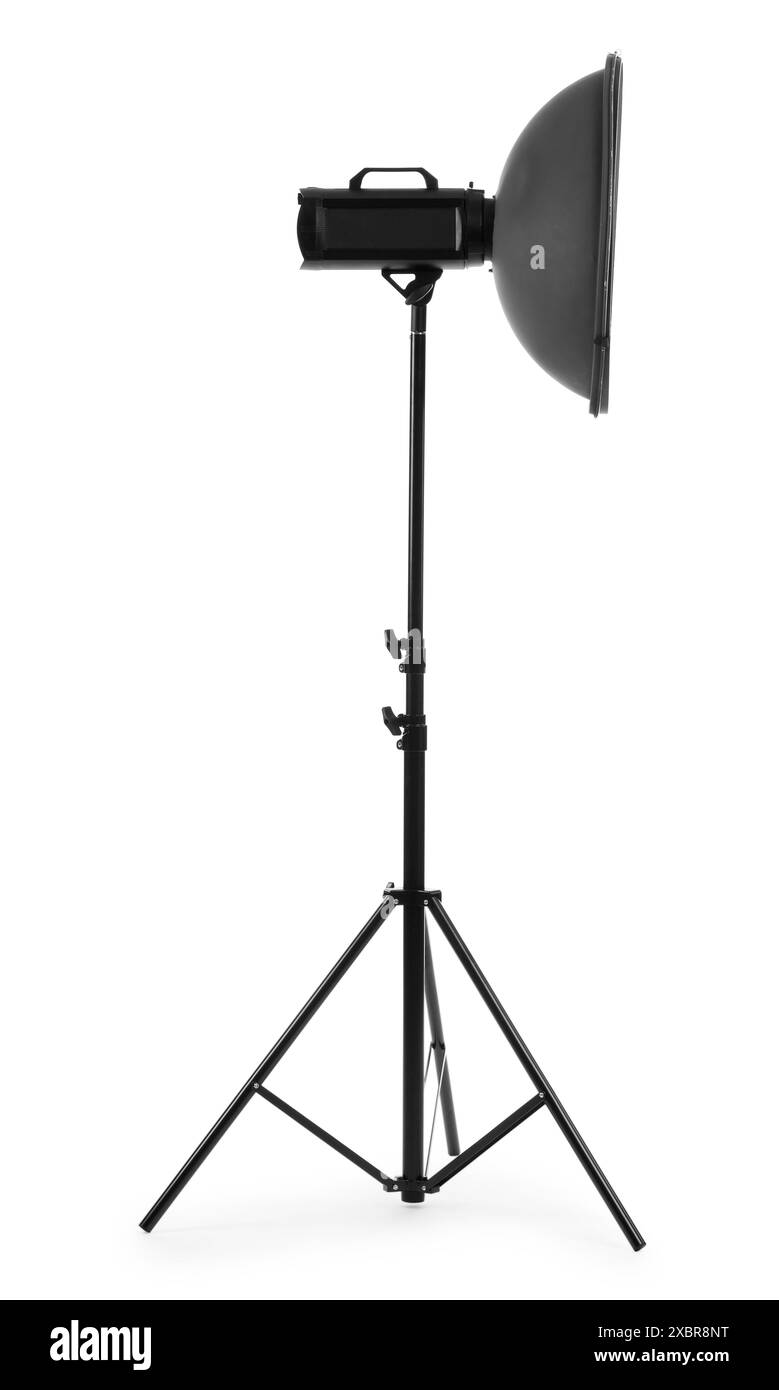 Professionelle Lichtfotografen Ausrüstung isoliert auf weiß Stockfoto