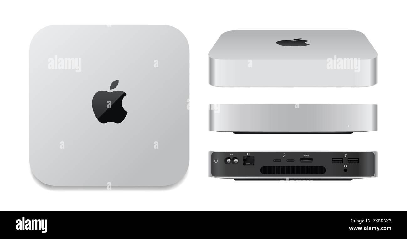 Set von neuen Apple Mac Mini mit M2 Chip, realistische Vektorillustration. Mac Mini ist ein Desktop-Computer mit kleinem Formfaktor, der von Appl entwickelt und vermarktet wird Stock Vektor