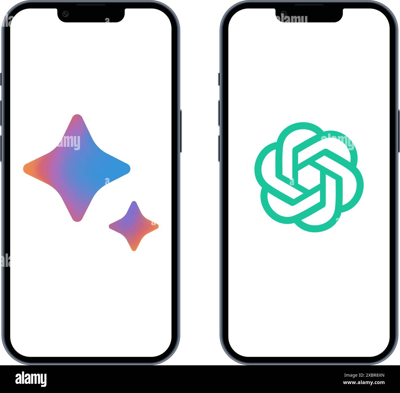 Set von Smartphones Apple iPhone 14 mit OpenAI ChatGPT- und Google Bard Chatbot-Symbolen auf dem Bildschirm, auf weißem Hintergrund. Realistisches Vektorillustrat Stock Vektor