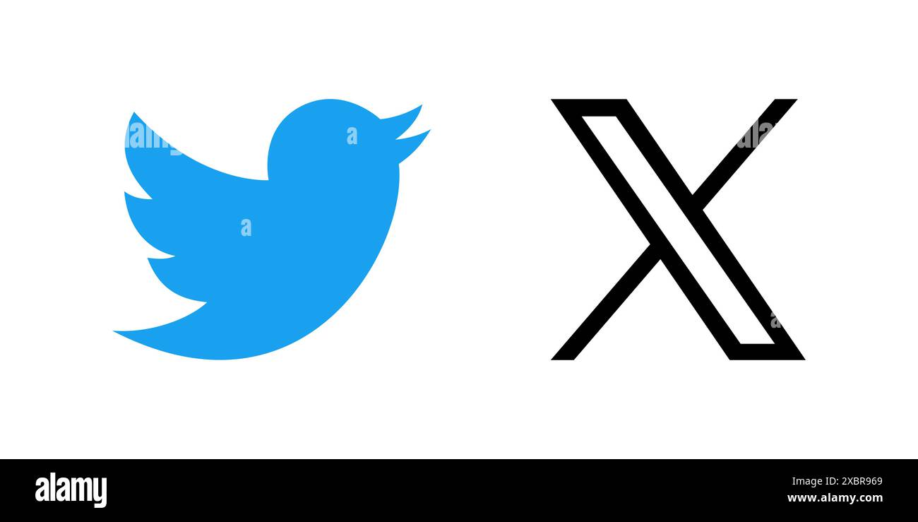 Satz von neuen und alten Twitter-Logos auf weißem Hintergrund, Vektorillustration. Twitter ändert das Logo in X und ersetzt das blaue Vogelsymbol. Elon Musk folgte Stock Vektor
