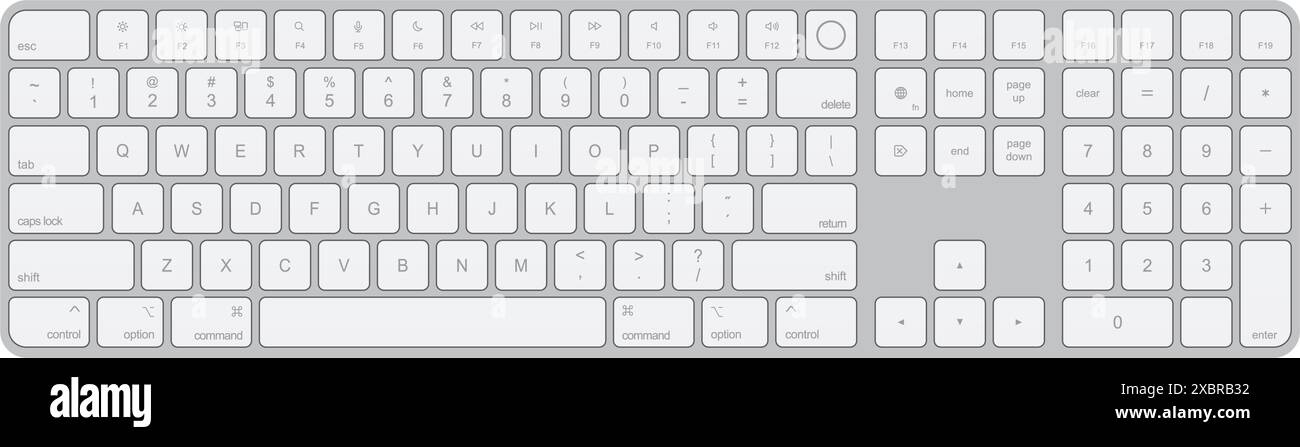 Apple Magic Keyboard isoliert auf weißem Hintergrund, Vektorillustration. Apple Magic Keyboard ist ein externes Tastaturmodell zur Verwendung mit Familien von Stock Vektor