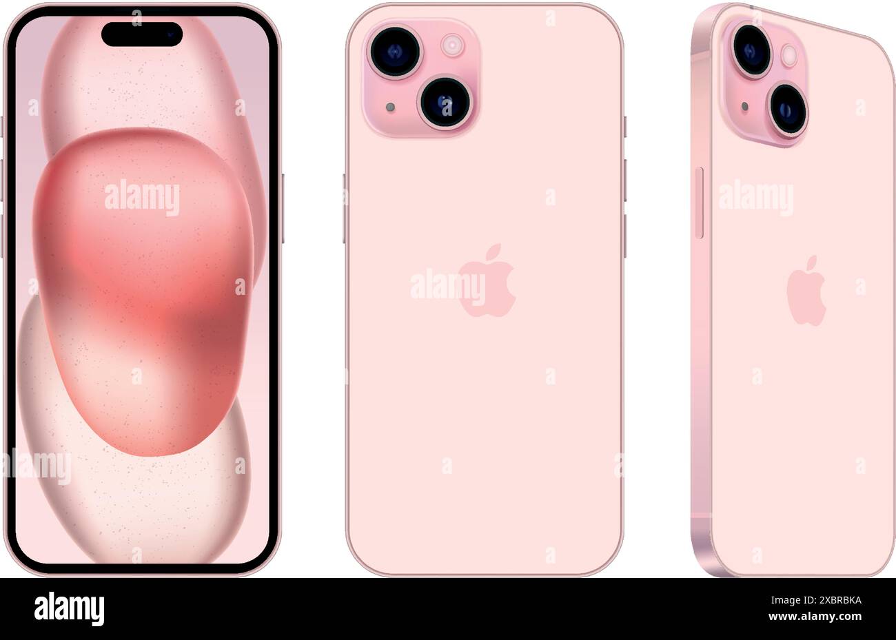 Set von Rosa Apple iPhone 15 Mobiltelefon in verschiedenen Seiten, auf weißem Hintergrund, Vektorillustration. Das iPhone 15 und das iPhone 15 Plus sind Smartphones Stock Vektor