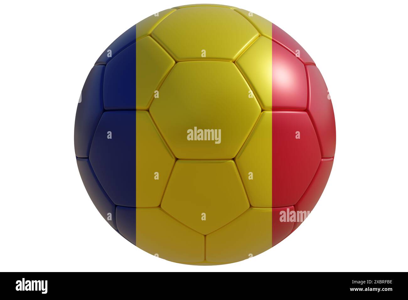 Fußballball mit römischer Flagge isoliert auf weißem Transparent. Fußball in Rumänien Stockfoto