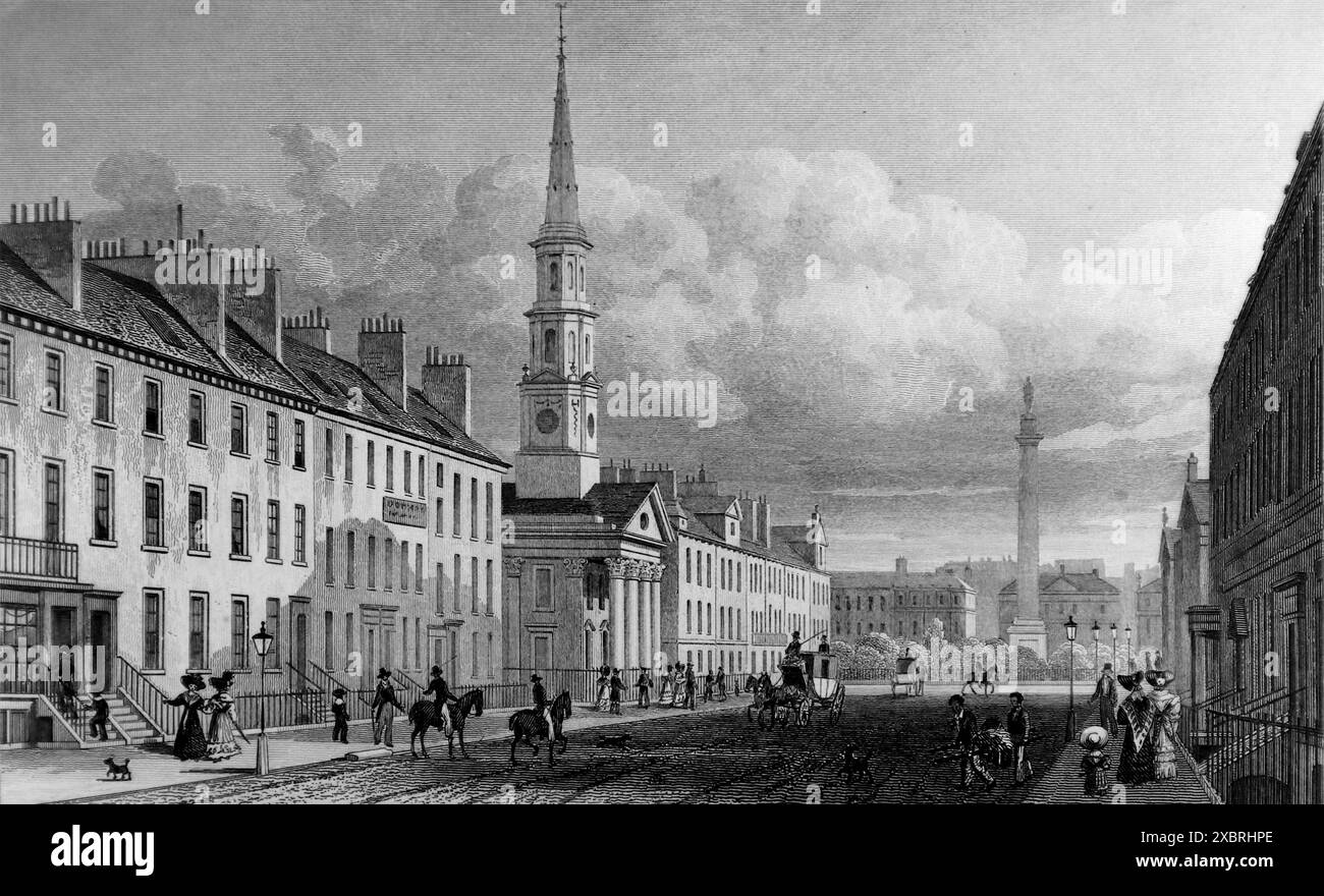 George Street, St Andrew’s Church und Lord Melville’s Monument, Edinburgh, Stich von T. Barber. Es stammt von einem Stich aus dem Jahr 1832, der aus einer Aquarellzeichnung von Thomas H. Shepherd (1793–1864) stammt. Zu der Zeit, 1832, war Wilhelm IV. König, etwa fünf Jahre bevor Königin Victoria den Thron bestieg. Dies und andere, die ich in der Serie habe, wurden verwendet, um die architektonischen Ähnlichkeiten zwischen Athen und Edinburgh (Schottland) und seiner Umgebung zu dieser Zeit zu veranschaulichen. Hinweis: Einige der Originale hatten Foxing, was auf den Fotos als etwas dunklere Flecken erscheinen kann. Stockfoto