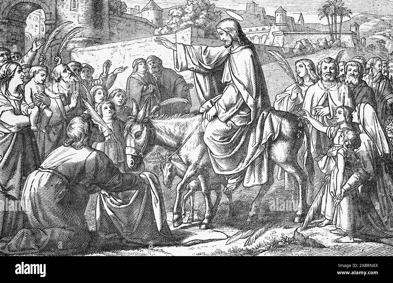 Holzgravierung des triumphalen Eintritts Jesu in Jerusalem (Evangelium) Neues Testament aus dem 19. Jahrhundert illustrierte Familienbibel Stockfoto