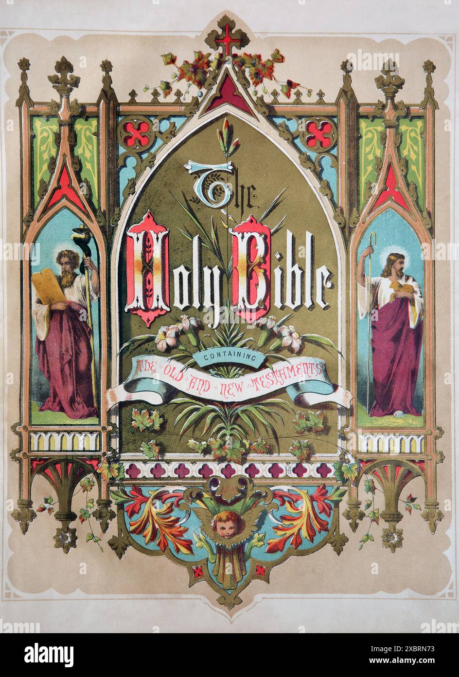 Farbenfrohe Titelseite der selbstinterpretierenden Familienbibel des antiken 19. Jahrhunderts von Brown mit Altem und Neuem Testament Stockfoto