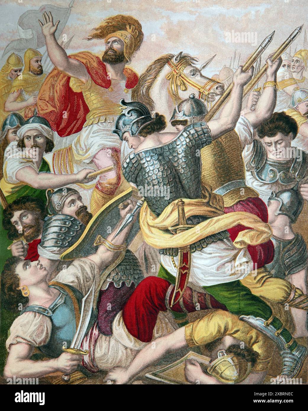 Joshua besiegt die Amoriten aus der selbstinterpretierenden Familienbibel des Antique 19th Century Brown Stockfoto