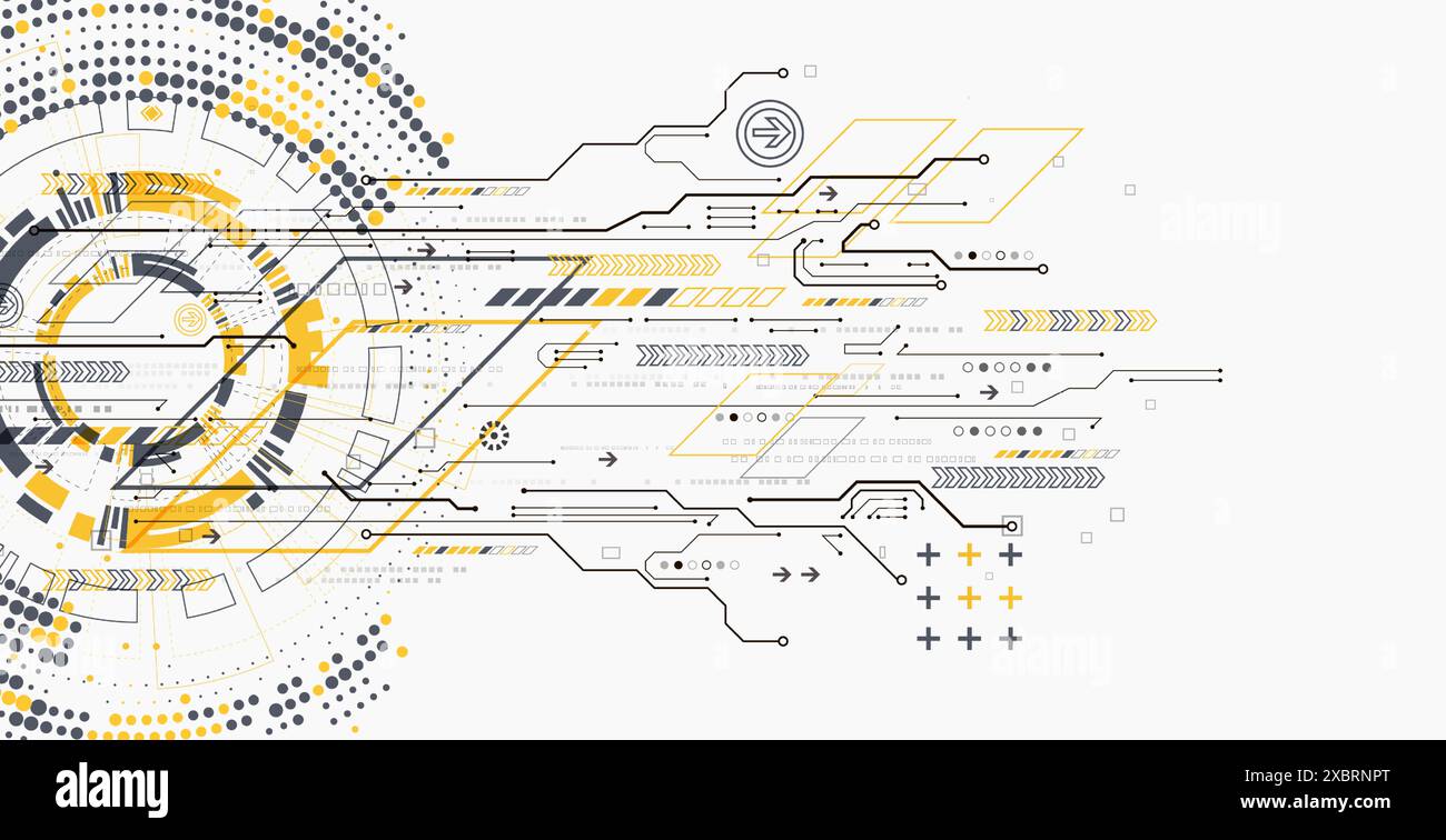 Wissenschaftliches und technologisches Konzept unter Verwendung von technischen Elementen, die in Form eines Kreises gebildet werden. Vektorabbildung. Stock Vektor