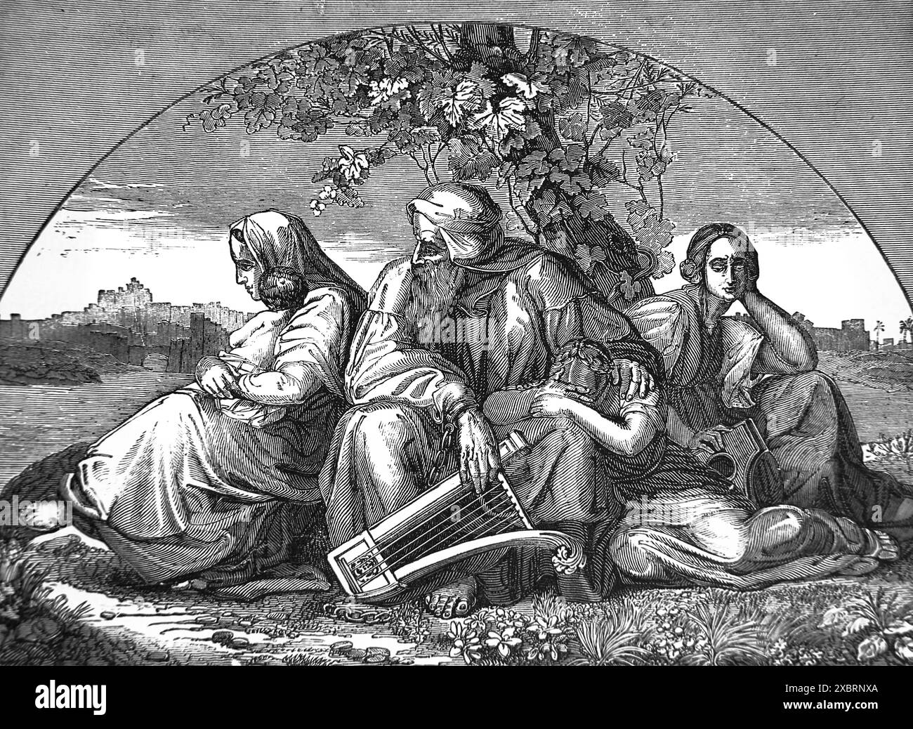 Holzgravierende Gefangene am Fluss Babylon, wo sie saßen und weinten, als sie sich an Zion aus der antiken Familie des 19. Jahrhunderts erinnerten, illustrierte B Stockfoto