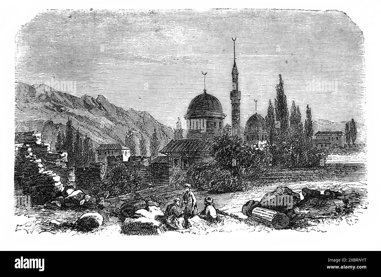 Holzgravur von Thyatira aus dem Buch der Offenbarungen, wo Johannes dem Theologen befohlen wurde, seine Visionen aufzuschreiben und sie an sieben Kirchen zu schicken Stockfoto