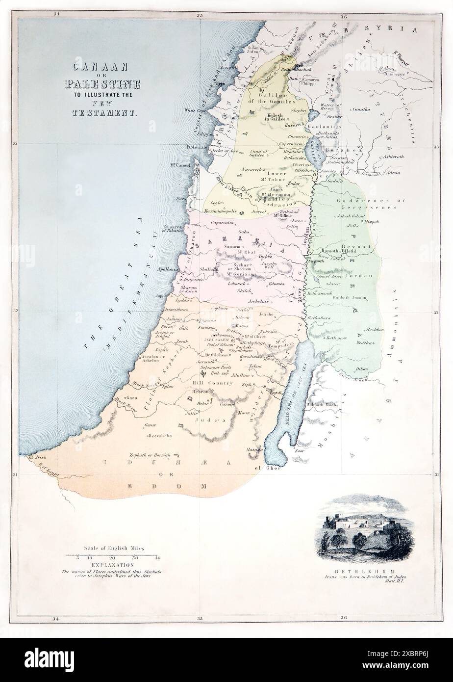Karte von Kanaan aor Palestine zur Illustration des Neuen Testaments aus dem antiken 19. Jahrhundert die praktische und hingebungsvolle Familienbibel mit den Kommentaren Stockfoto