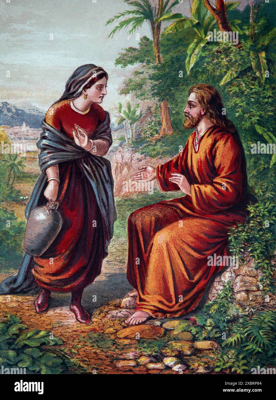 Illustration von Christus und der Frau von Samaria (Evangelium des Johannes) Jesus Christus bittet um ein Getränk Wasser von einer samaritanischen Frau am Jakobsbrunnen Stockfoto