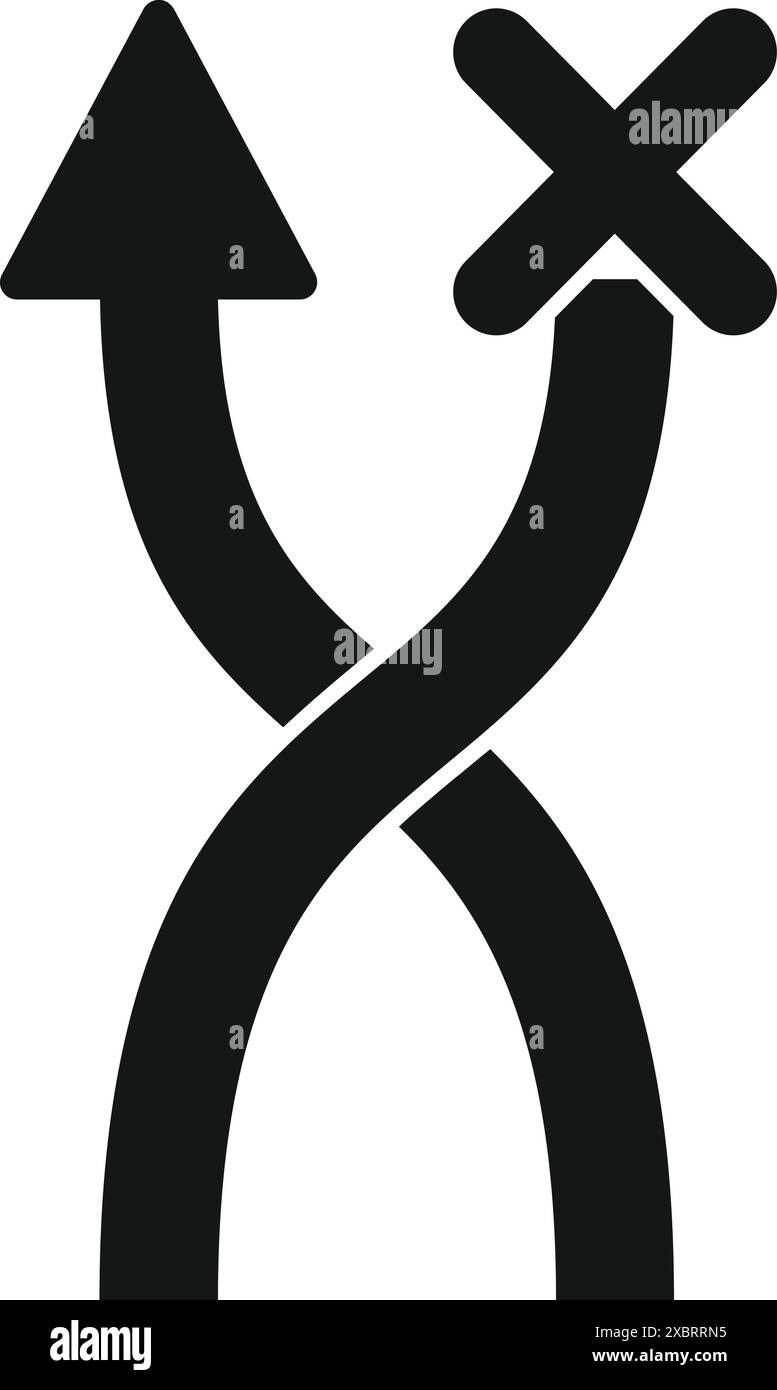 Schwarze ineinander verflochtene Pfeile kreuzen und zeigen verschiedene Richtungen, einer mit einem Kreuz Stock Vektor
