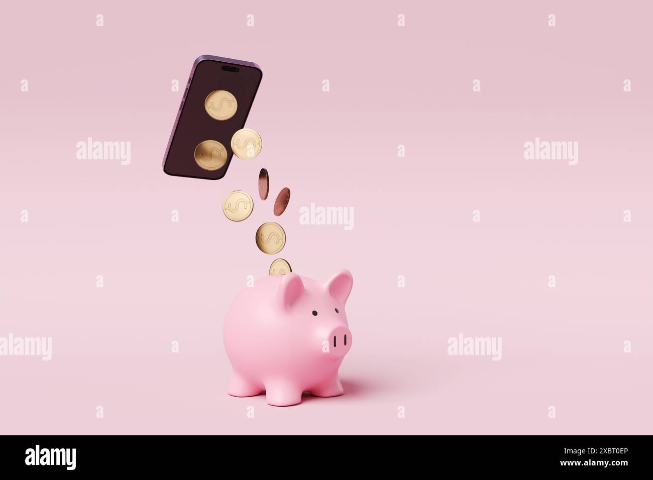 Goldene Münzen fallen vom Bildschirm eines Mobiltelefons in eine rosa Schweinebank auf rosa Hintergrund. Mit Smartphones und dem Internet Geld verdienen Stockfoto