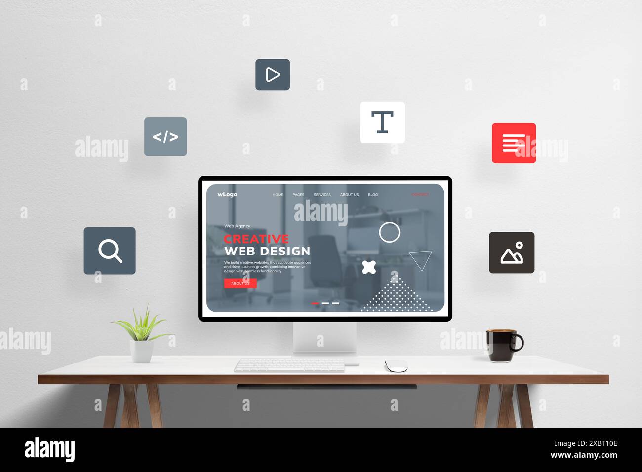 Kreative Illustration im Webdesign-Studio. Computerdisplay mit moderner Webseite, umgeben von fliegenden Ikonen von Web-Design-Elementen. Modernes digitales Design Stockfoto