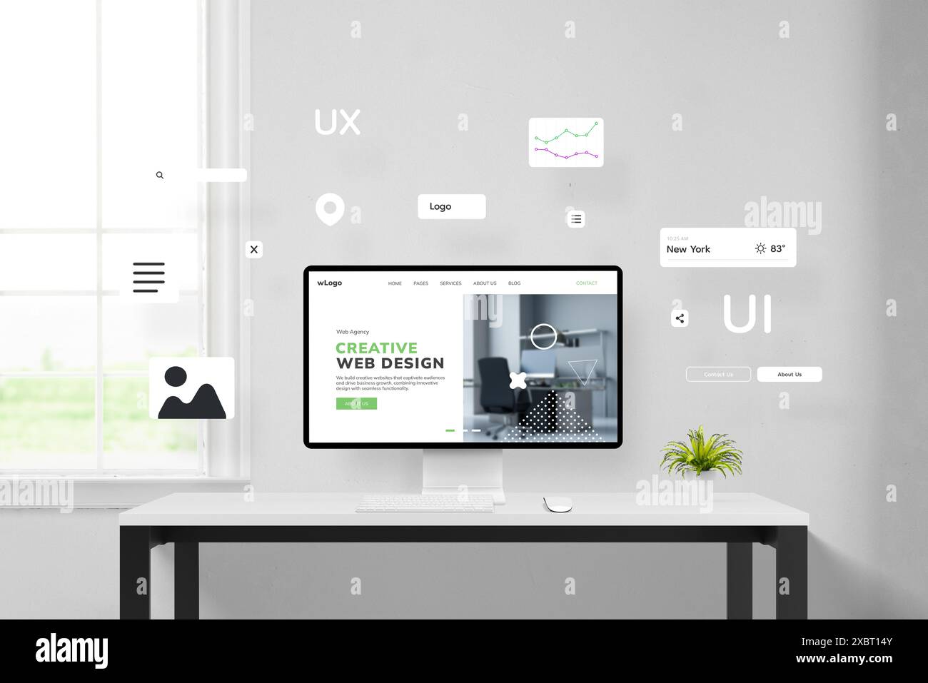 Büroschreibtisch, der die Erstellung einer Webseite mit Elementen anzeigt, die auf einem Computerdisplay um eine Konzeptwebseite fliegen. Darstellung des Website-Arrangeme Stockfoto