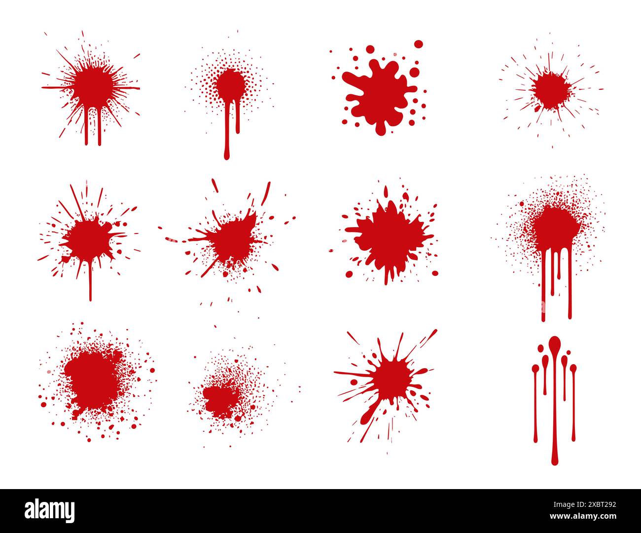 Blutroter Fleck im Spritzwasser-Design. Blutfleck Tropfen rote Spritzer Farbe Vektor-Blob Symbol. Stock Vektor