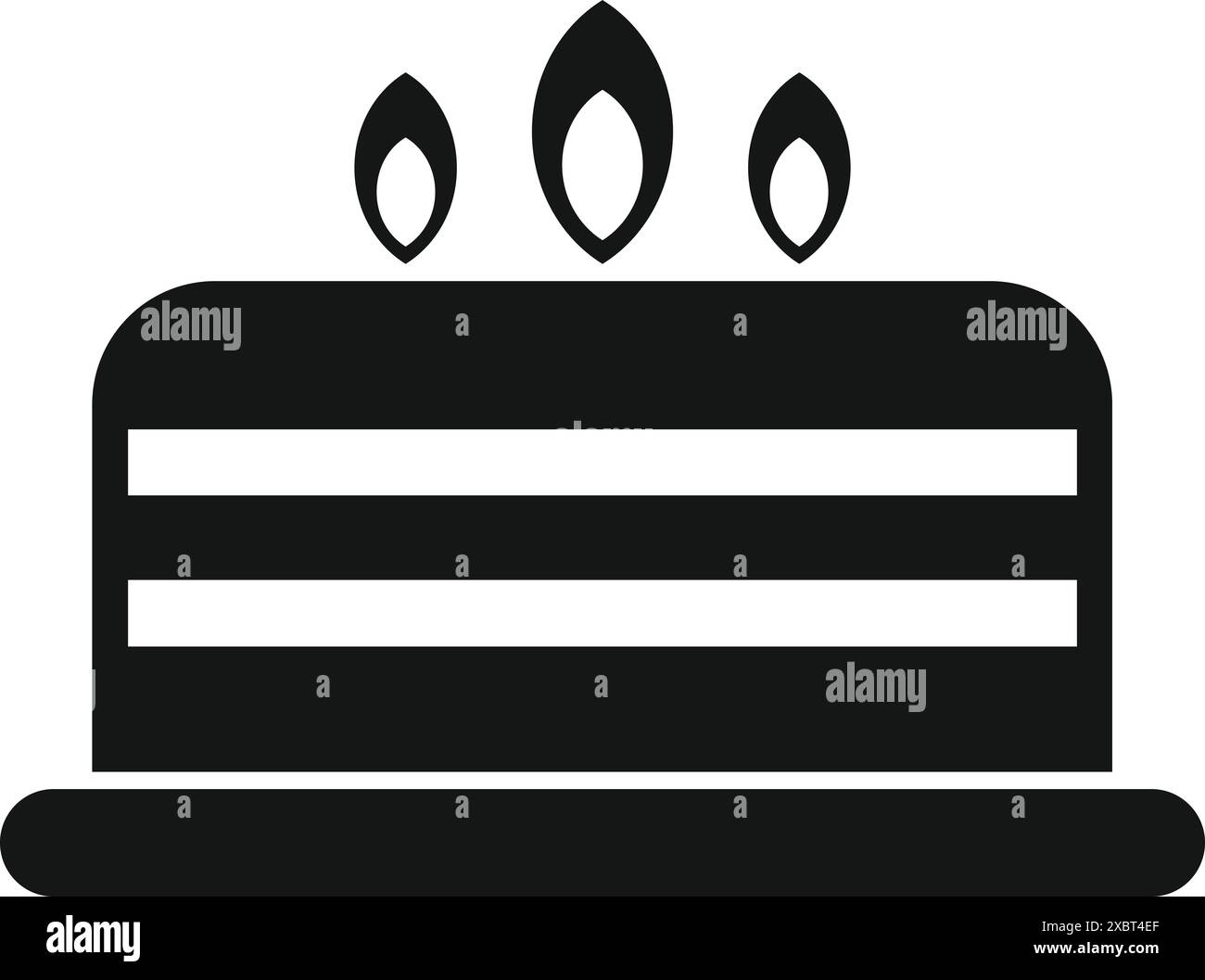 Schwarzes einfaches Symbol einer großen Geburtstagskuche mit drei brennenden Kerzen Stock Vektor