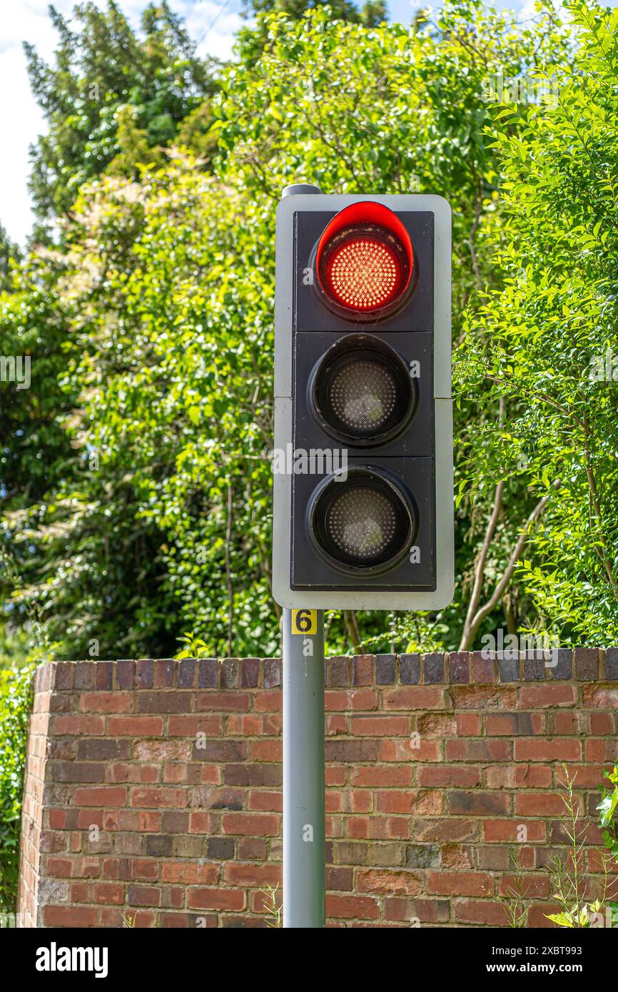 Nahaufnahme einer Ampel, Ampel in einem britischen Landdorf an einem sonnigen Tag rot. Stockfoto