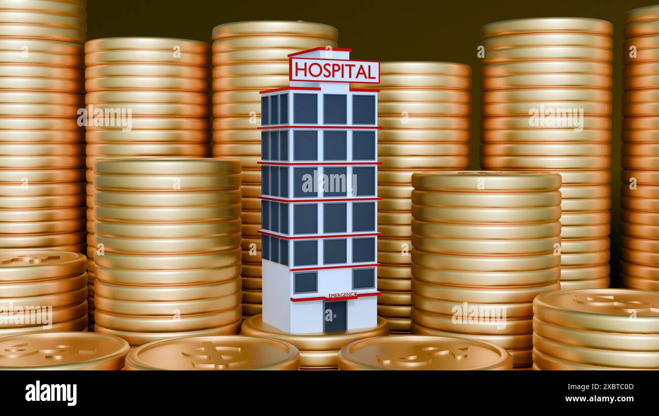 3D-Darstellung eines Krankenhausgebäudes und eines Stapels goldener Münzen Stockfoto