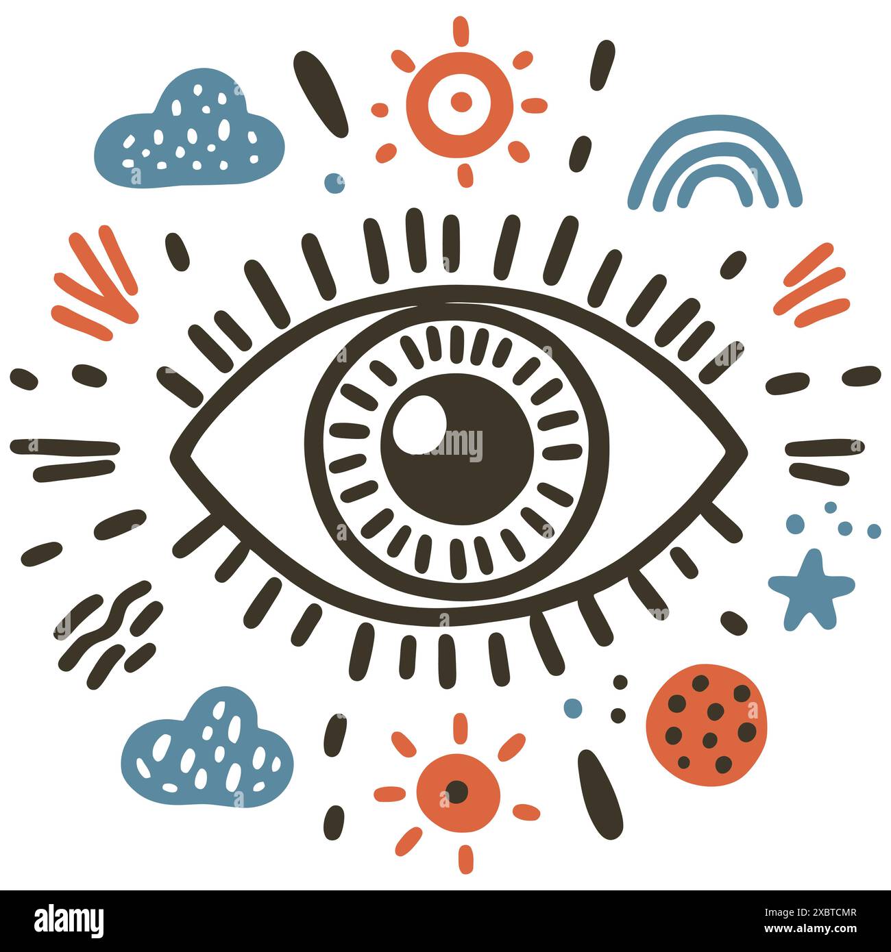 Große bunte Augenzeichnung umgeben von kindlichen Kritzeleien, die ein Konzept darstellen. Stock Vektor