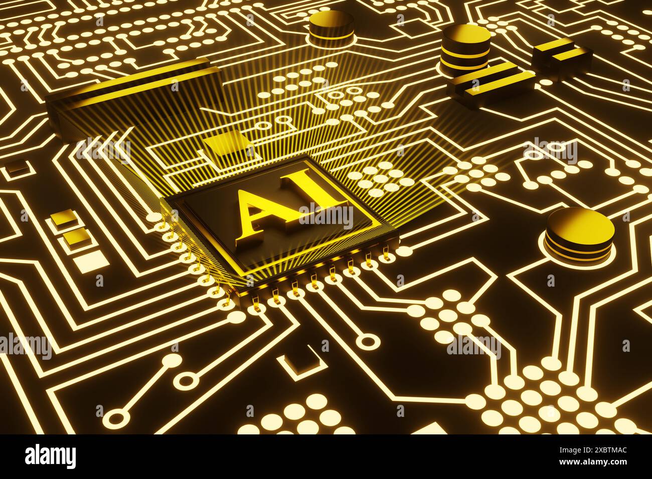 Goldener Buchstabe AI auf einem schwarzen Computerprozessor-Chip, umgeben von leuchtenden Lichtstreifen auf einer elektronischen Leiterplatte. AI-Chips und NPU Stockfoto