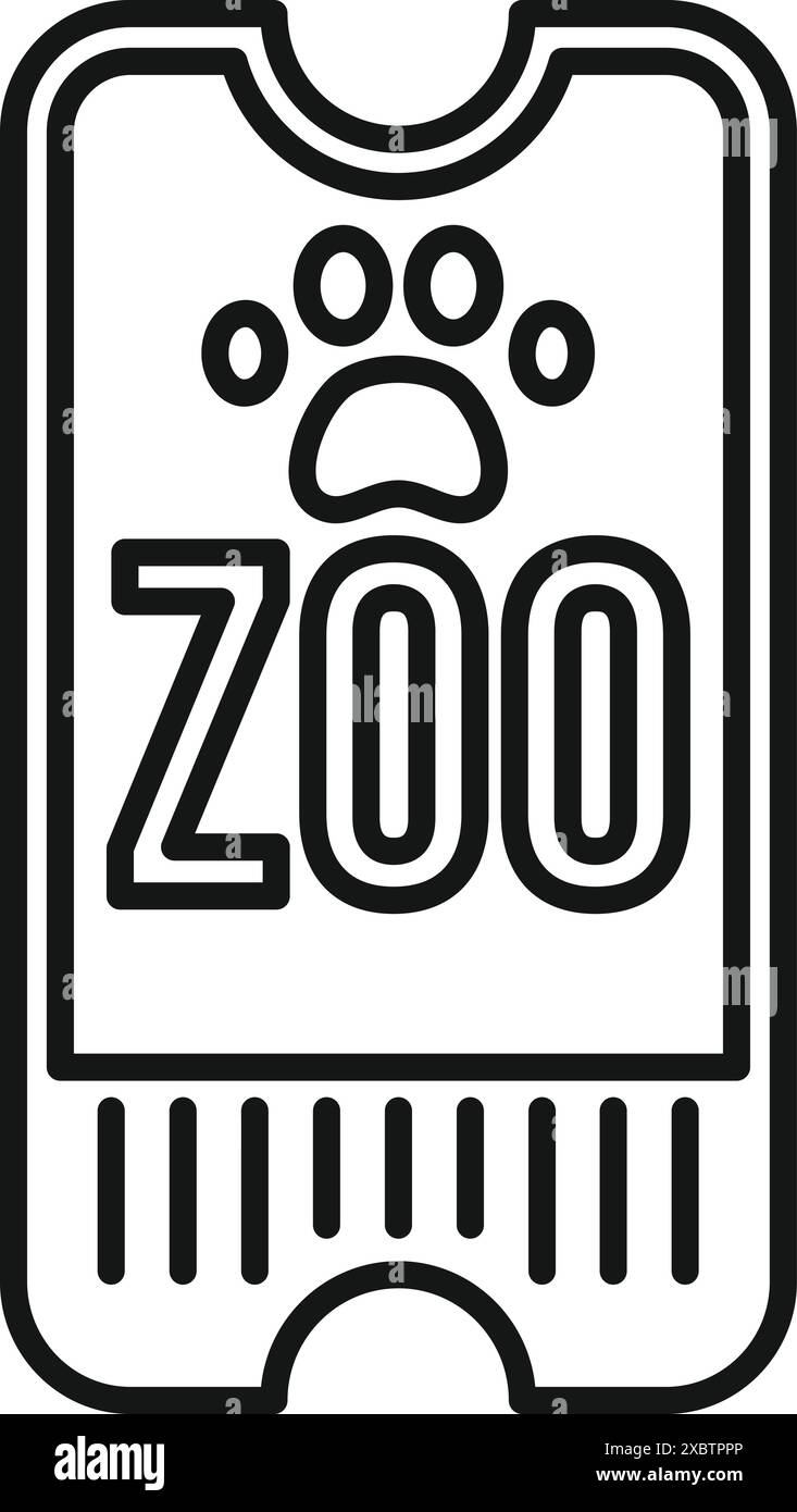 Einfache Strichkunst-Ikone einer Eintrittskarte für den Zoo, mit Pfotendruck und Barcode für den Eintritt Stock Vektor