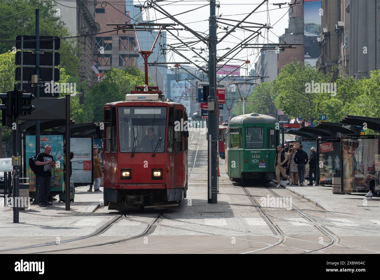 Traditionelle rote und grüne elektrische Straßenbahnen in der Nemanjina Straße in Belgrad. April 2024. Stockfoto
