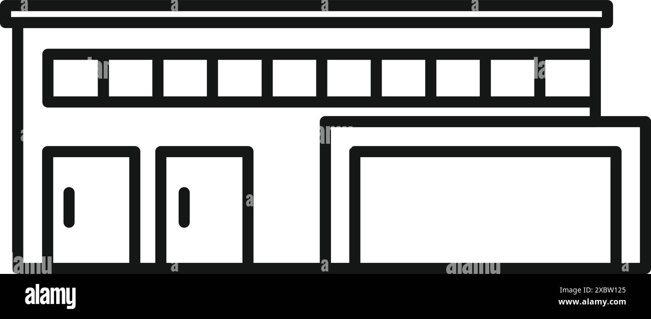Einfache Strichgrafik-Illustration, die eine moderne Industriebaufassade mit einem großen Garagentor darstellt Stock Vektor