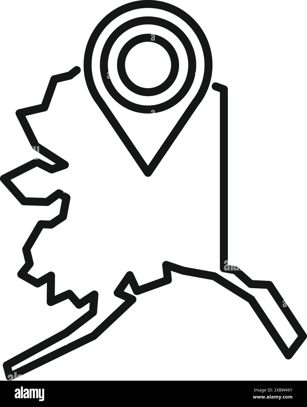 Linienzeichnung des Bundesstaates alaska, die mit einer Positionsnadel gekennzeichnet ist Stock Vektor