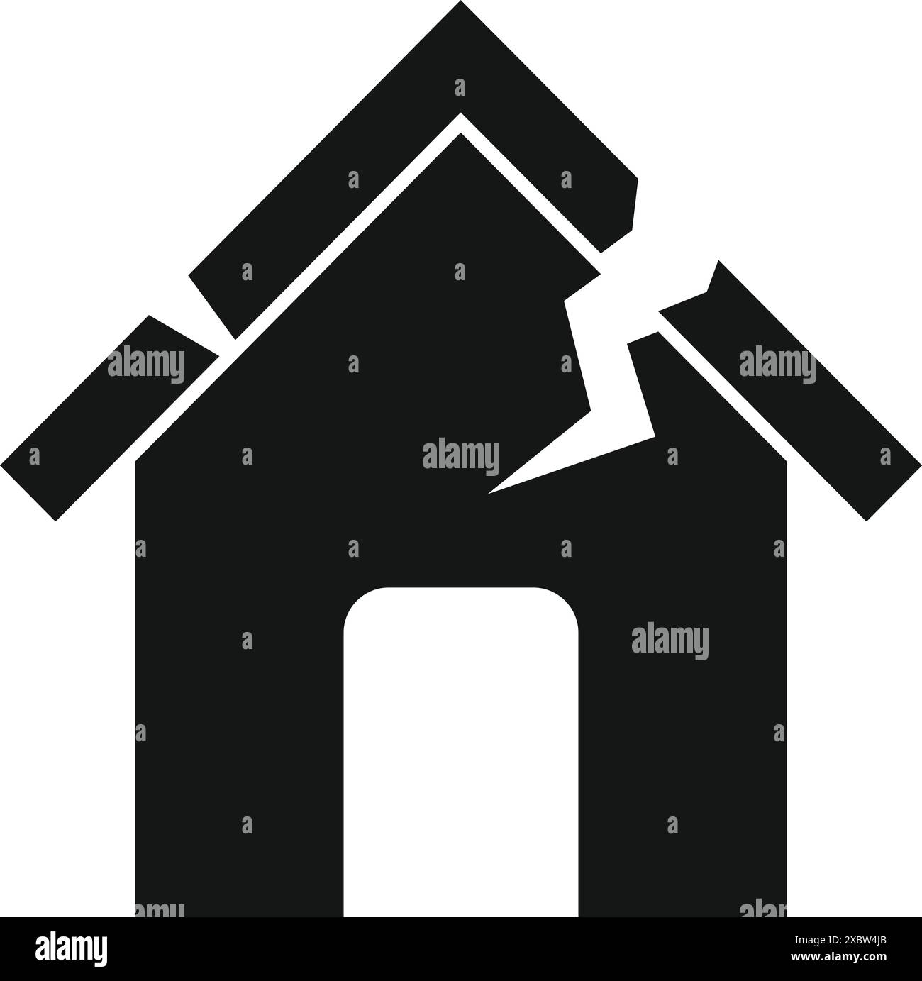Einfache schwarze Silhouette eines Hauses mit einem großen Riss, der durch das Haus läuft und Schäden durch ein Erdbeben darstellt Stock Vektor Einfache schwarze Silhouette eines Hauses mit einem großen Riss, der durch das Haus läuft und Schäden durch ein Erdbeben darstellt Stock Vektor