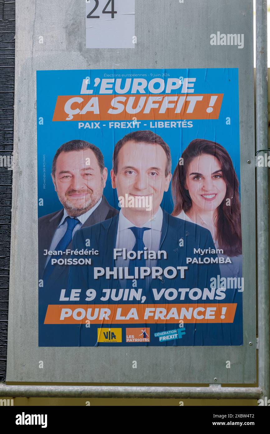Paris, Frankreich - 4. Juni 2024: Porträt von Florian Philippot, Jean Frederic Poisson und Myriam Palomba, Kandidaten auf einem Wahlkampfplakat in Paris Stockfoto