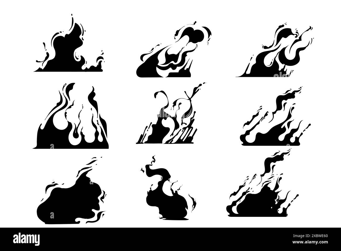Schwarzer Silhouettensatz brennender Feuer-Effekt für Lagerfeuer- oder Zaubervektorillustration isoliert auf weißem Hintergrund Stock Vektor
