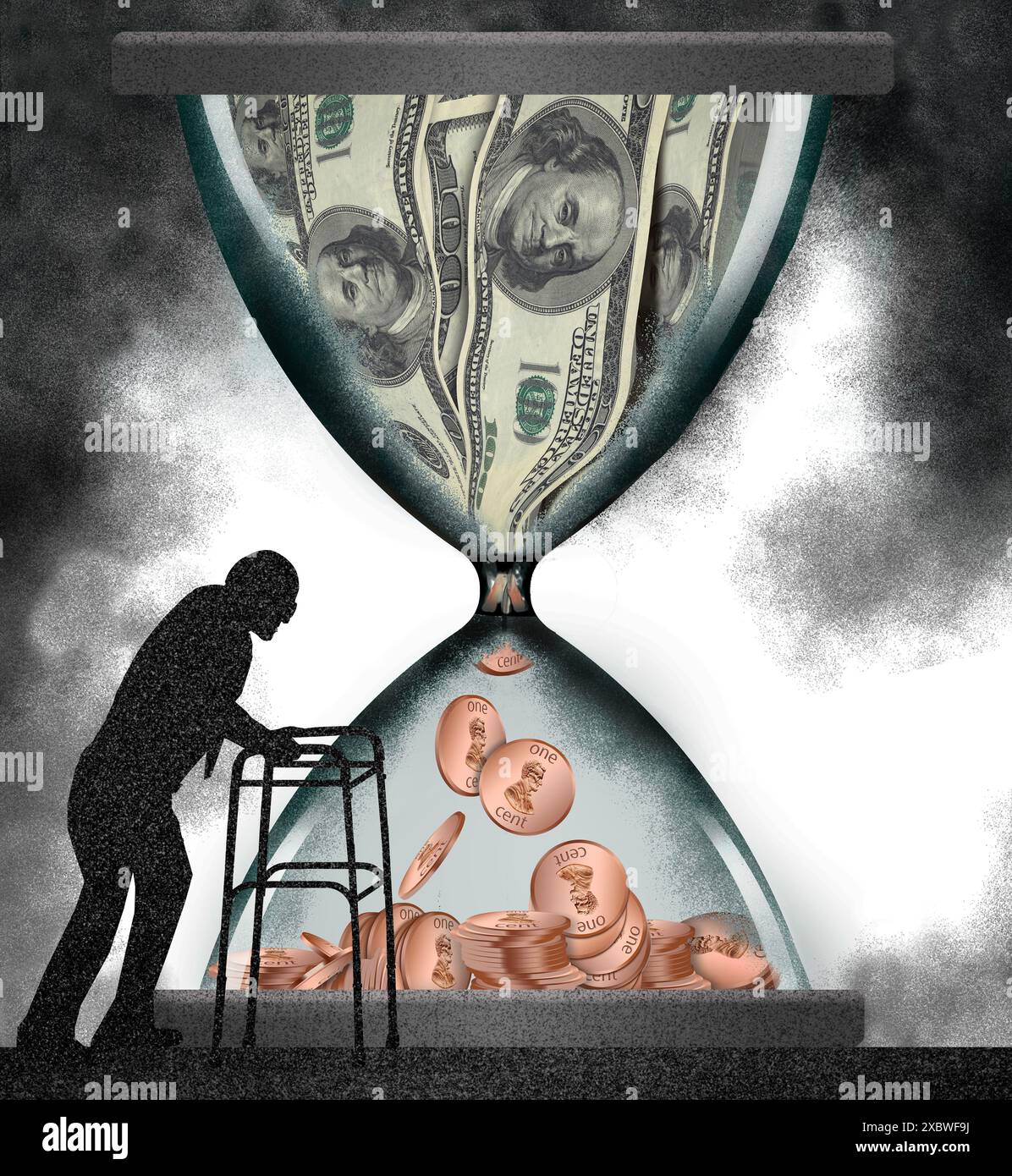 Schwindende Rentenfonds werden mit einem alten Mann gesehen. Zeit und Geld ist das Thema, dass Hunderte von Dollar in einer Sanduhr zu Pennys werden. Es ist ein 3D Stockfoto