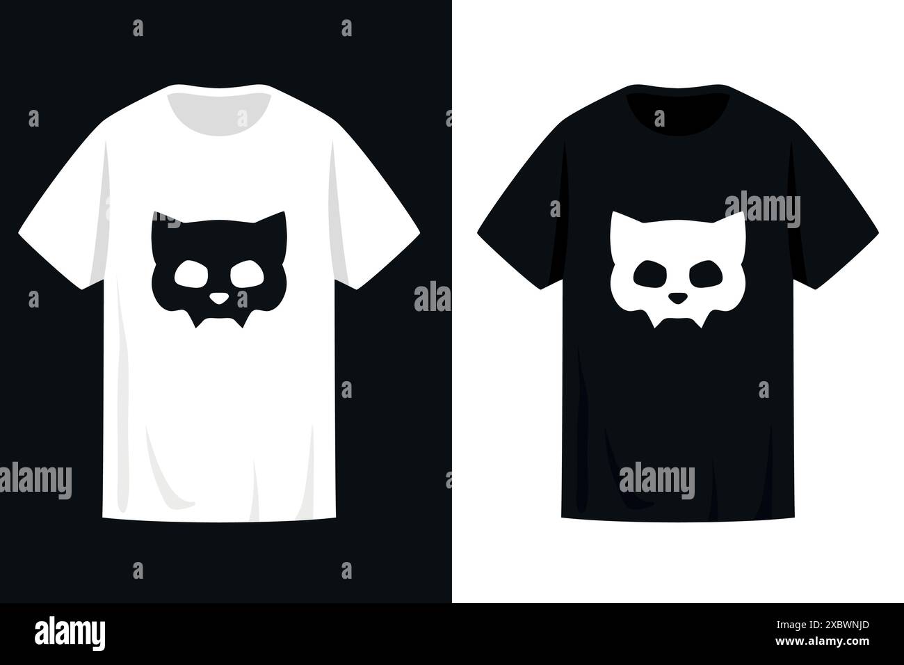 T-Shirt-Print mit Katzenschädel in Schwarz-weiß-Farben. Vektorabbildung Stock Vektor