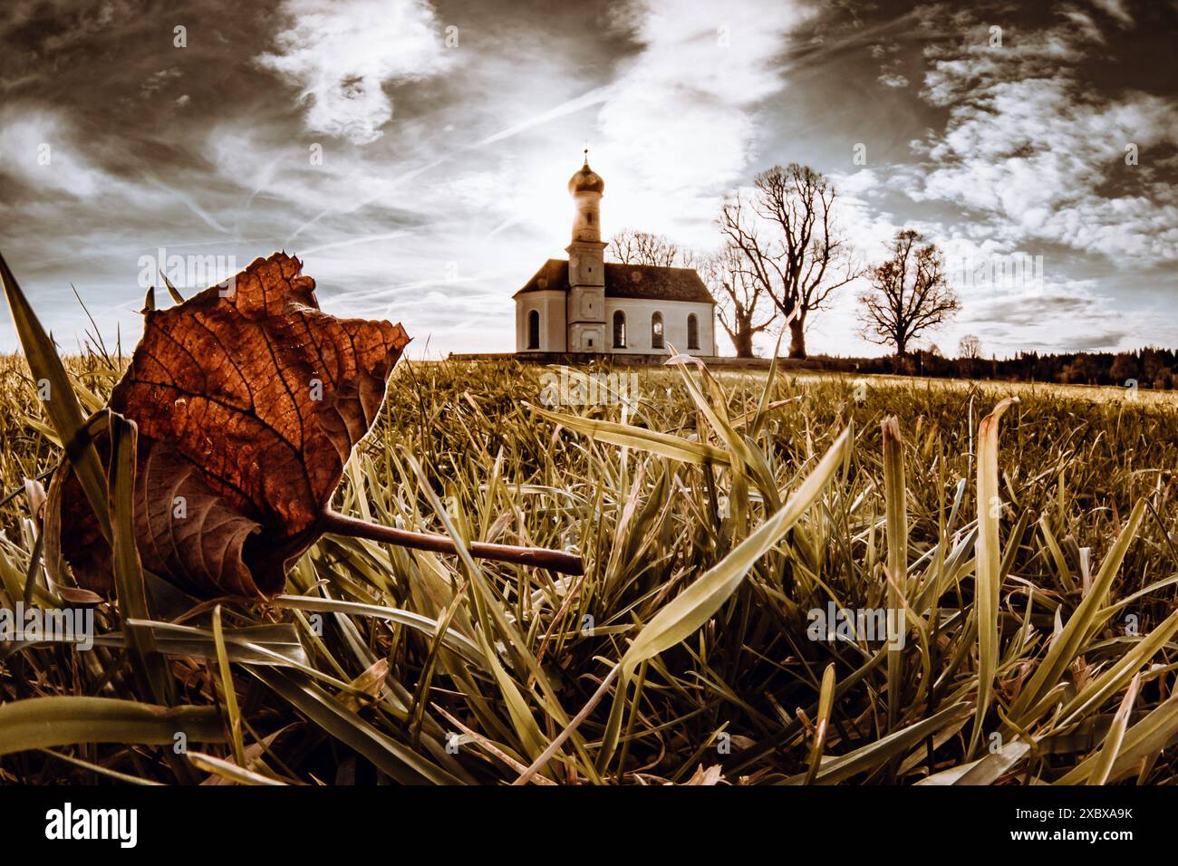 Kirche, Wiese, Herbst, Allerheiligen Tag, Blatt, Laub, Tapeten, Hintergrundbilder, Sonne, Wintersonne Stockfoto