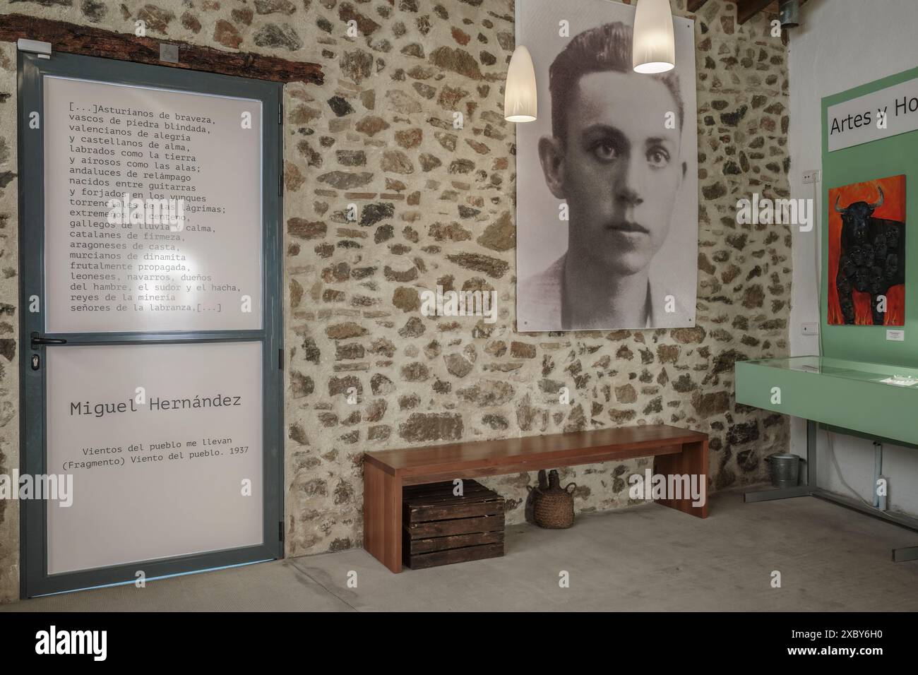 Rincón Hernandiano Besucherempfangszentrum erste Ausgaben seiner Veröffentlichungen, Fotografien, Tribut an den Dichter Miguel Hernandez, Orihuela, Alacant Stockfoto