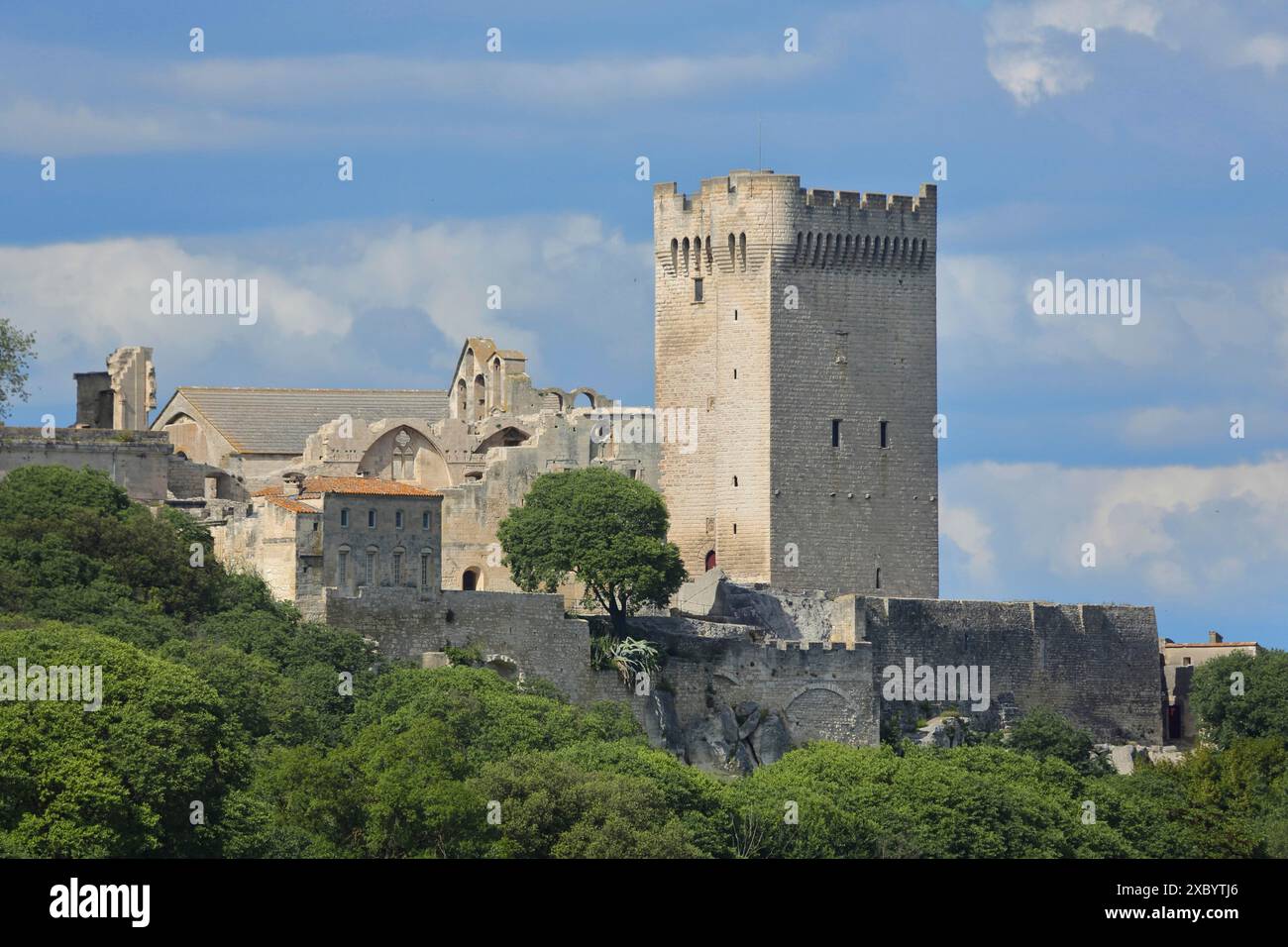 Romanischer Klosterkomplex Abbaye de Montmajour mit Turm, Abtei, Arles, Bouches-du-Rhone, Camargue, Provence, Frankreich Stockfoto