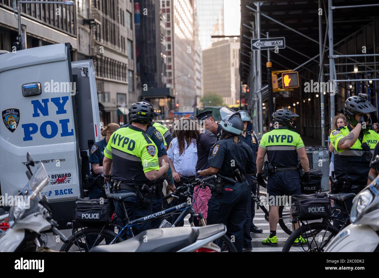 Die Polizei verhaftet einen pro-palästinensischen Aktivisten, weil er angeblich am 13. Juni 2024 in New York, New York, einen Aufkleber auf dem Zaun um das Rathaus angebracht hatte. Die Verhaftung folgte einer Kundgebung im Citi Hauptquartier und marschierte durch Lower Manhattan. (Foto: Matthew Rodier/SIPA USA) Credit: SIPA USA/Alamy Live News Stockfoto