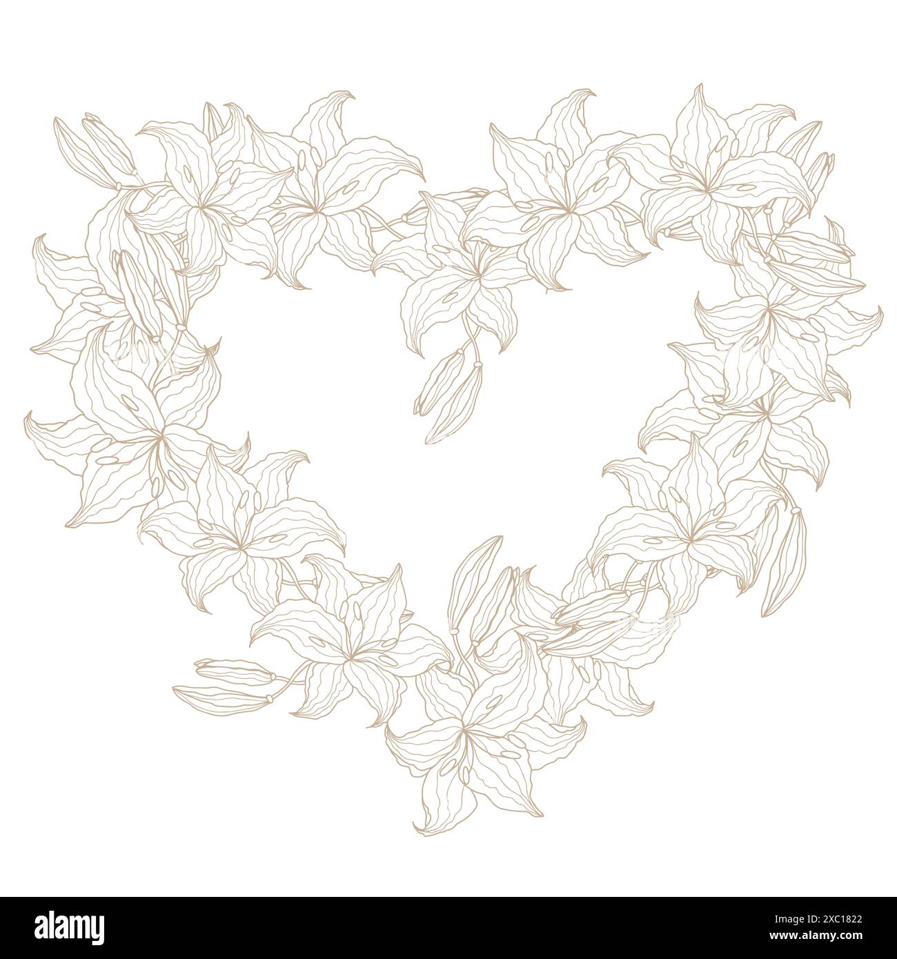 Lilies Line Art Blume Herzkranz für Hochzeitskarte oder Einladungen. Vorlage für handgezeichnete Vektor-Illustration. Stock Vektor