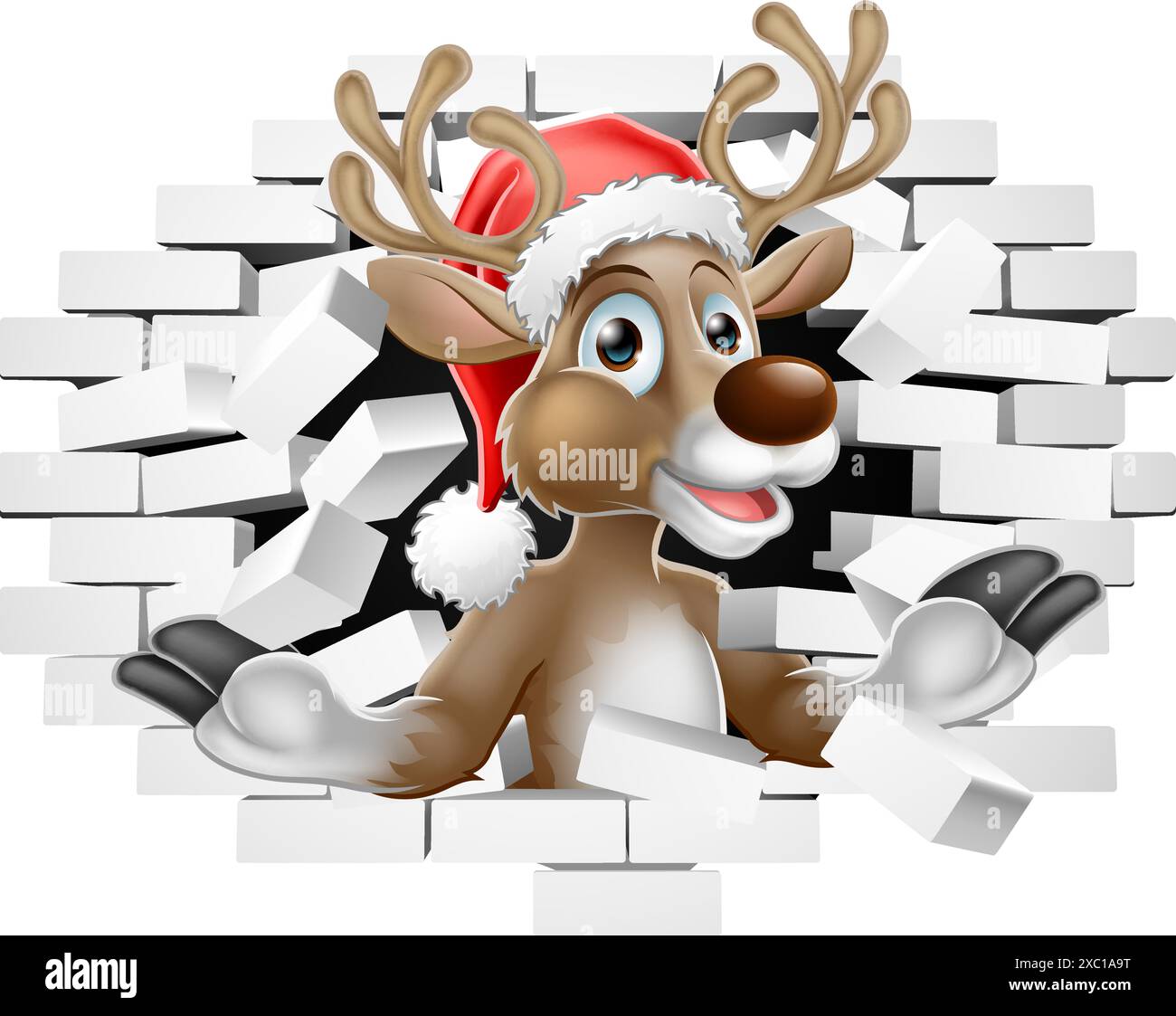 Weihnachten Rentier in Santa hat Breaking Wall Stock Vektor