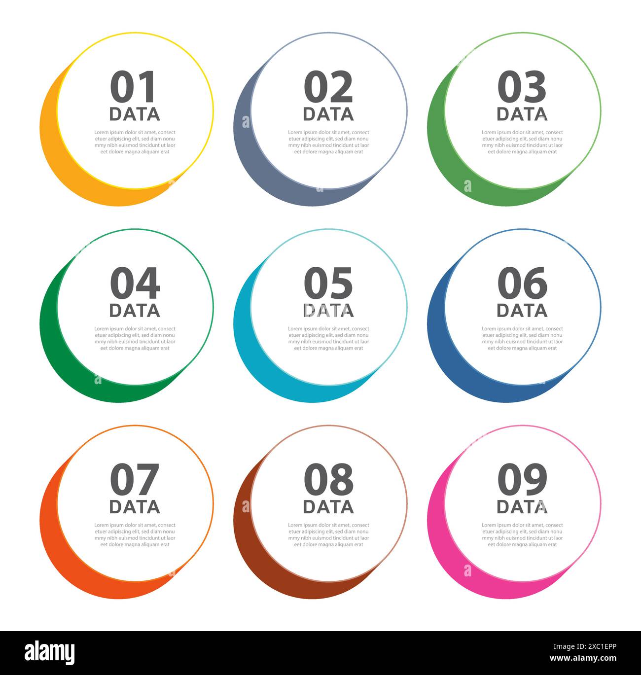 Infografikkreis mit 9 Zahlen und Farbdatenvorlage. Abstrakter Hintergrund der Illustration. Stock Vektor