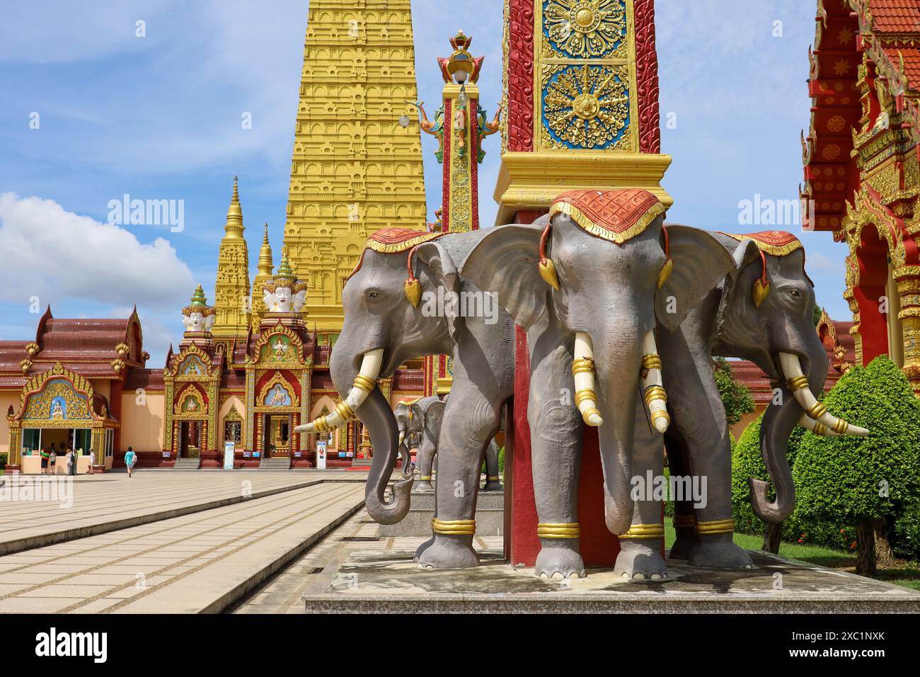 Blick auf goldene Chedi des Tempelkomplexes Wat Bang Thong, buddhistische Kultur Stockfoto