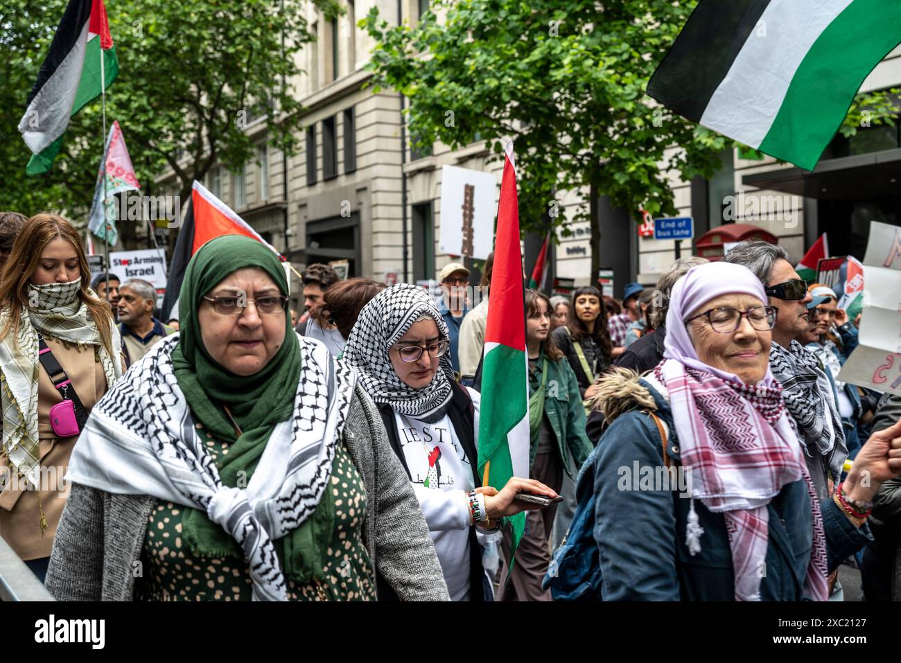 Demonstranten auf Kingsway, propalästinensische Proteste in Zentral-London am 08.06.2024, London, England, Vereinigtes Königreich Stockfoto Demonstranten auf Kingsway, propalästinensische Proteste in Zentral-London am 08.06.2024, London, England, Vereinigtes Königreich Stockfoto