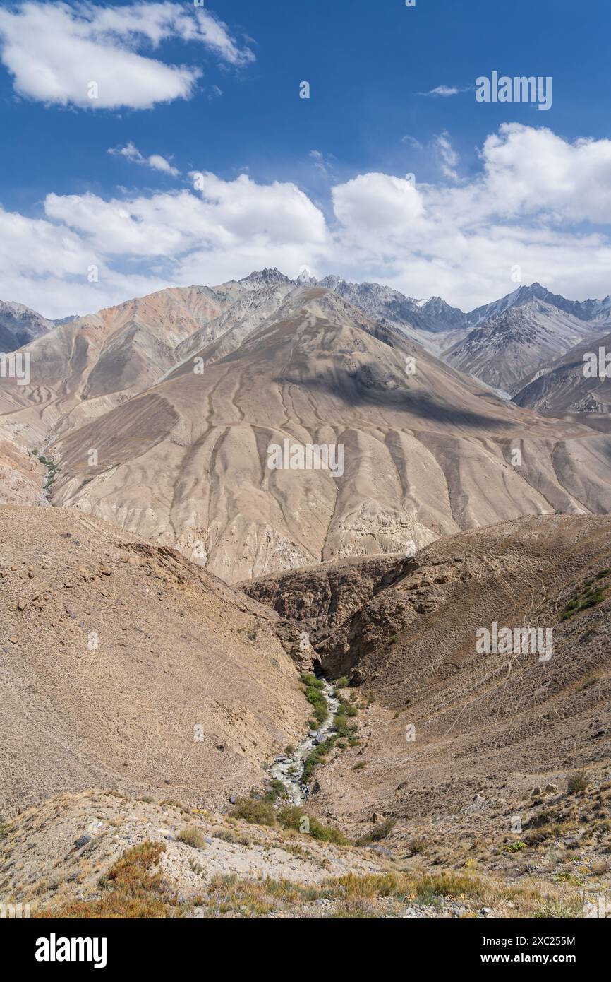 Malerische vertikale Wüstenlandschaft mit Blick auf das Wakhan Gebirge auf der afghanischen Seite und das Pamir Flusstal, Gorno-Badakhshan, Tadschikistan Stockfoto