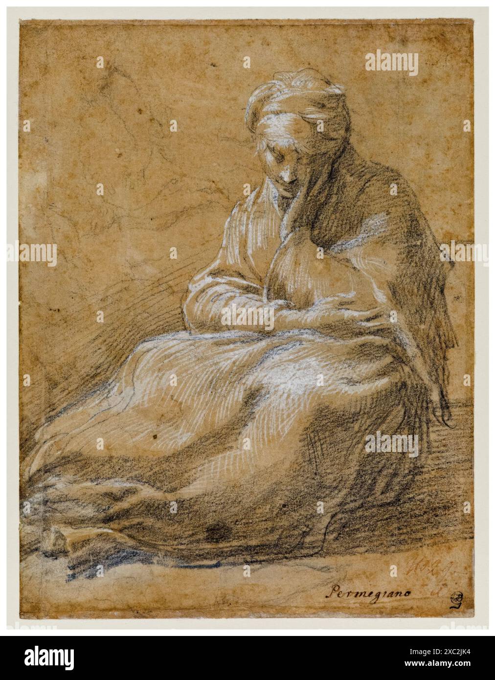Girolamo Francesco Maria Mazzola nannte Parmigianino, Frau sitzend auf dem Boden, Kreidezeichnung mit weißer Körperfarbe, 1523-1524 Stockfoto