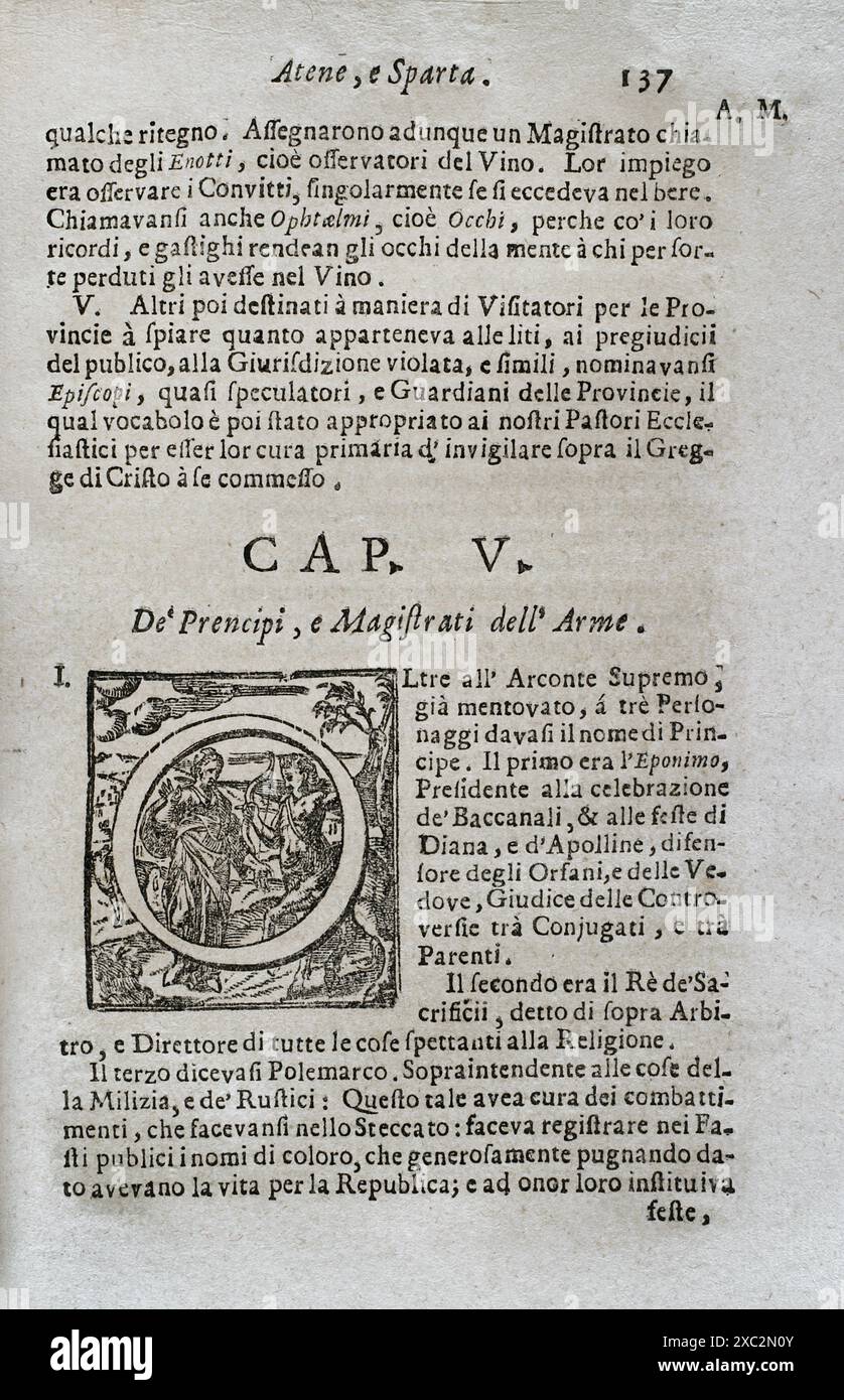 "Mappamondo Istorico". Geordnete Erzählung der vier höchsten Reiche der Welt, von Nino, dem ersten Kaiser der Assyrer, über den österreichischen Leopold und die Monarchie Christi. Kapitel V. der Fürsten und Magistrate der Armee. Von Pater Antonio Foresti (1625–1692), von der Gesellschaft Jesu. Band I. Parma, 1711. Stockfoto
