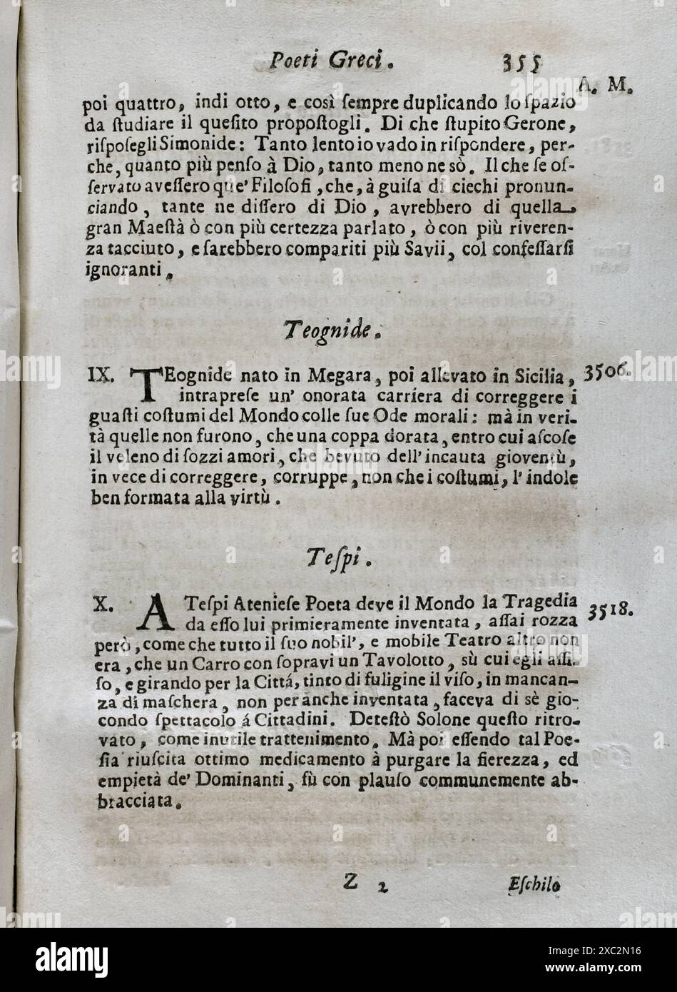 "Mappamondo Istorico". Geordnete Erzählung der vier höchsten Reiche der Welt, von Nino, dem ersten Kaiser der Assyrer, über den österreichischen Leopold und die Monarchie Christi. Griechische Dichter. Theognis und Thespis. Von Pater Antonio Foresti (1625–1692), von der Gesellschaft Jesu. Band I. Parma, 1711. Stockfoto