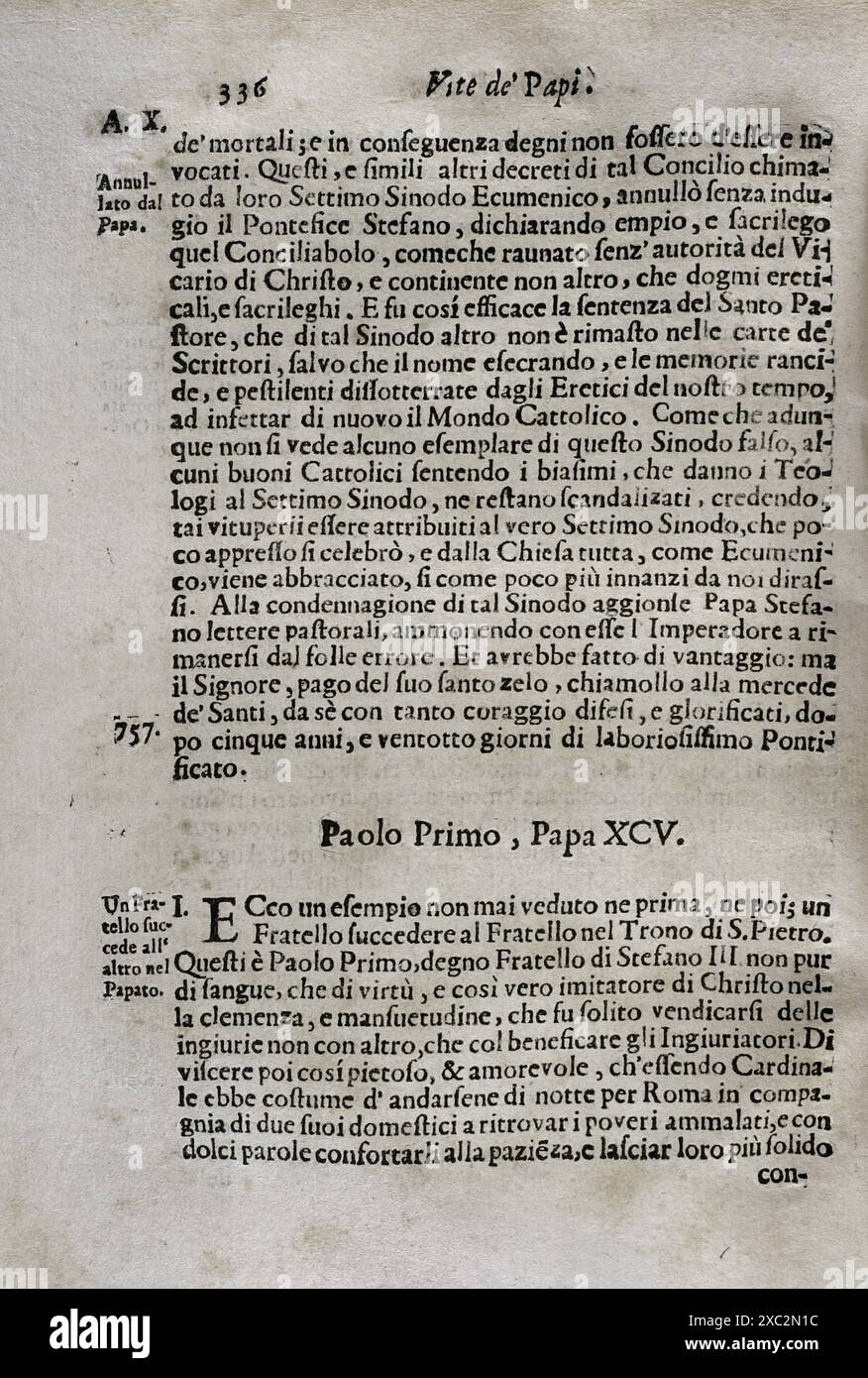 "Mappamondo Istorico". Band III. Es handelt sich um das Leben der römischen Päpste von Innozenz III. Bis Innozenz XI. Kapitel, das Paulus I. (700–767) gewidmet ist, Papst von 757 bis 767. Von Pater Antonio Foresti (1625–1692), von der Gesellschaft Jesu. Parma, 1708. Stockfoto