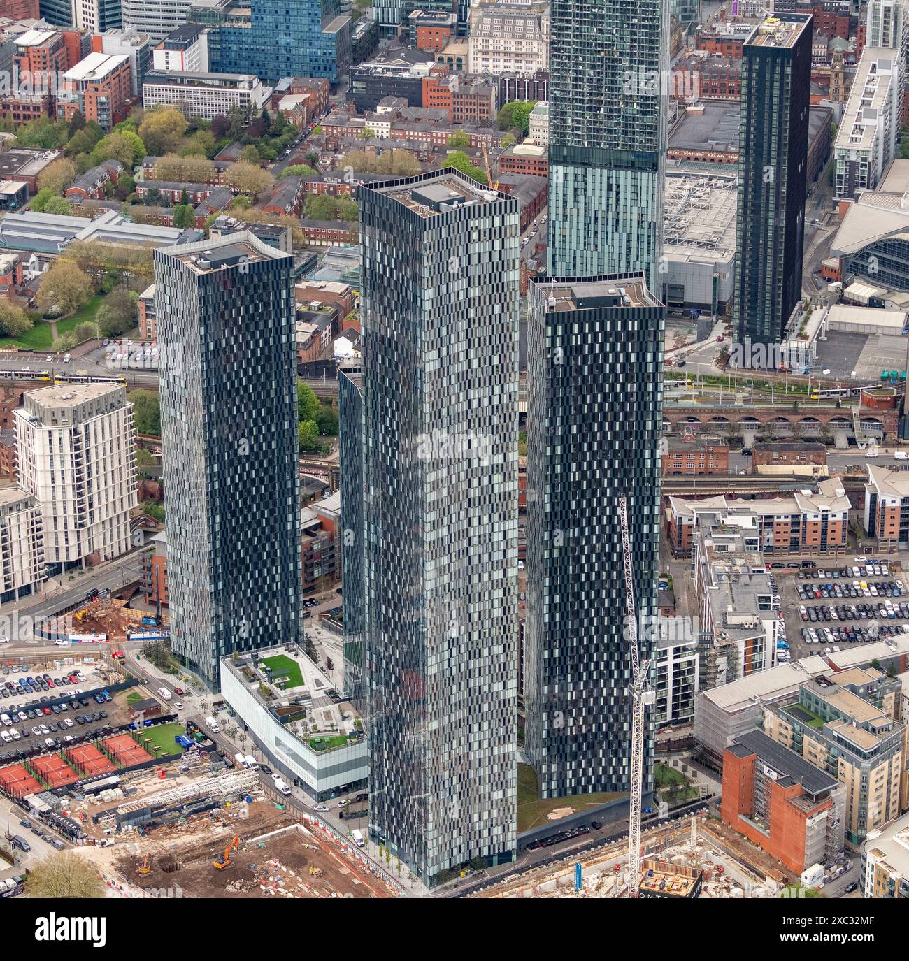 Luftbild des Stadtzentrums von Manchester aus 2000 Metern Stockfoto